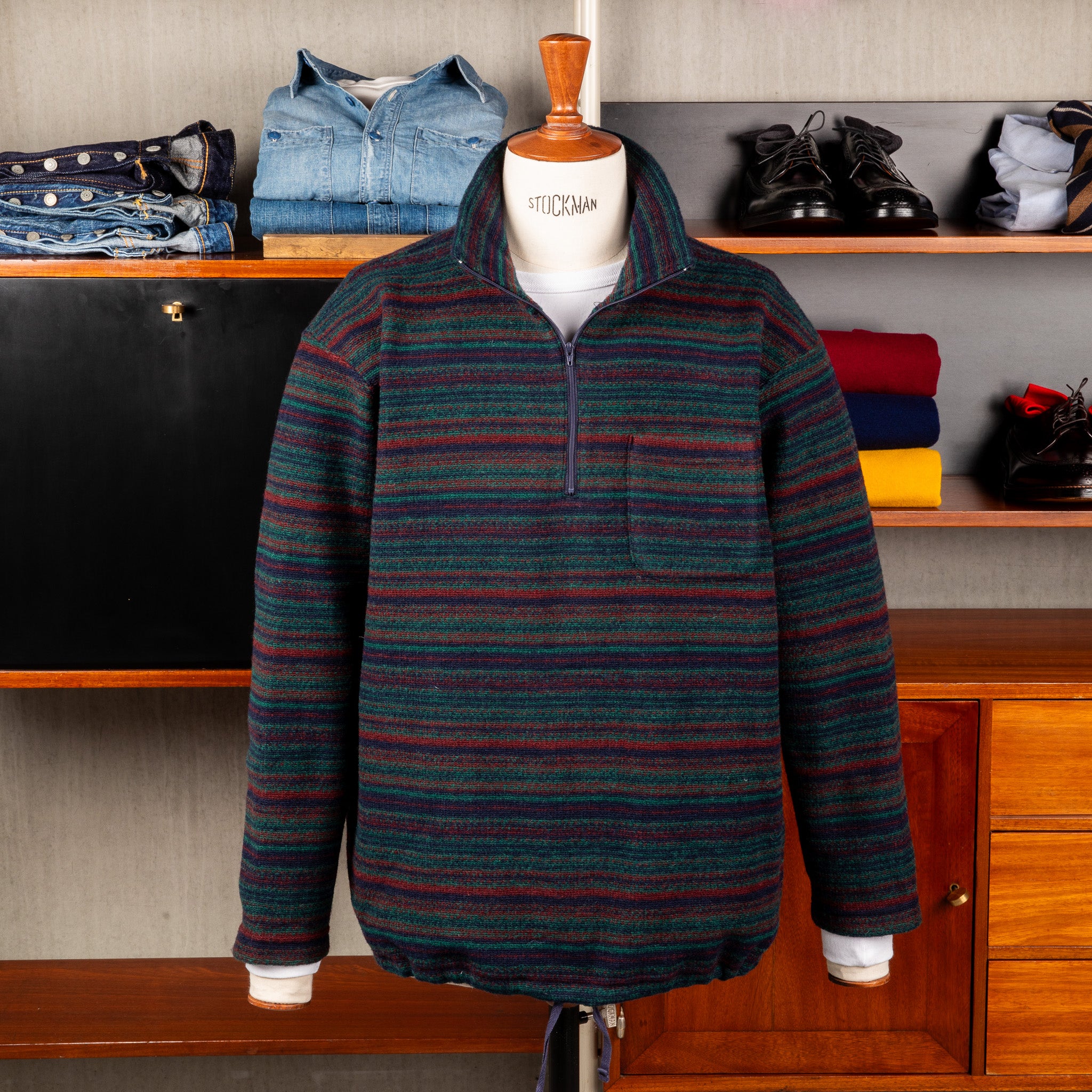 Engineered Garments Zip Mock Neck Green Fair Isle Stripe Knit