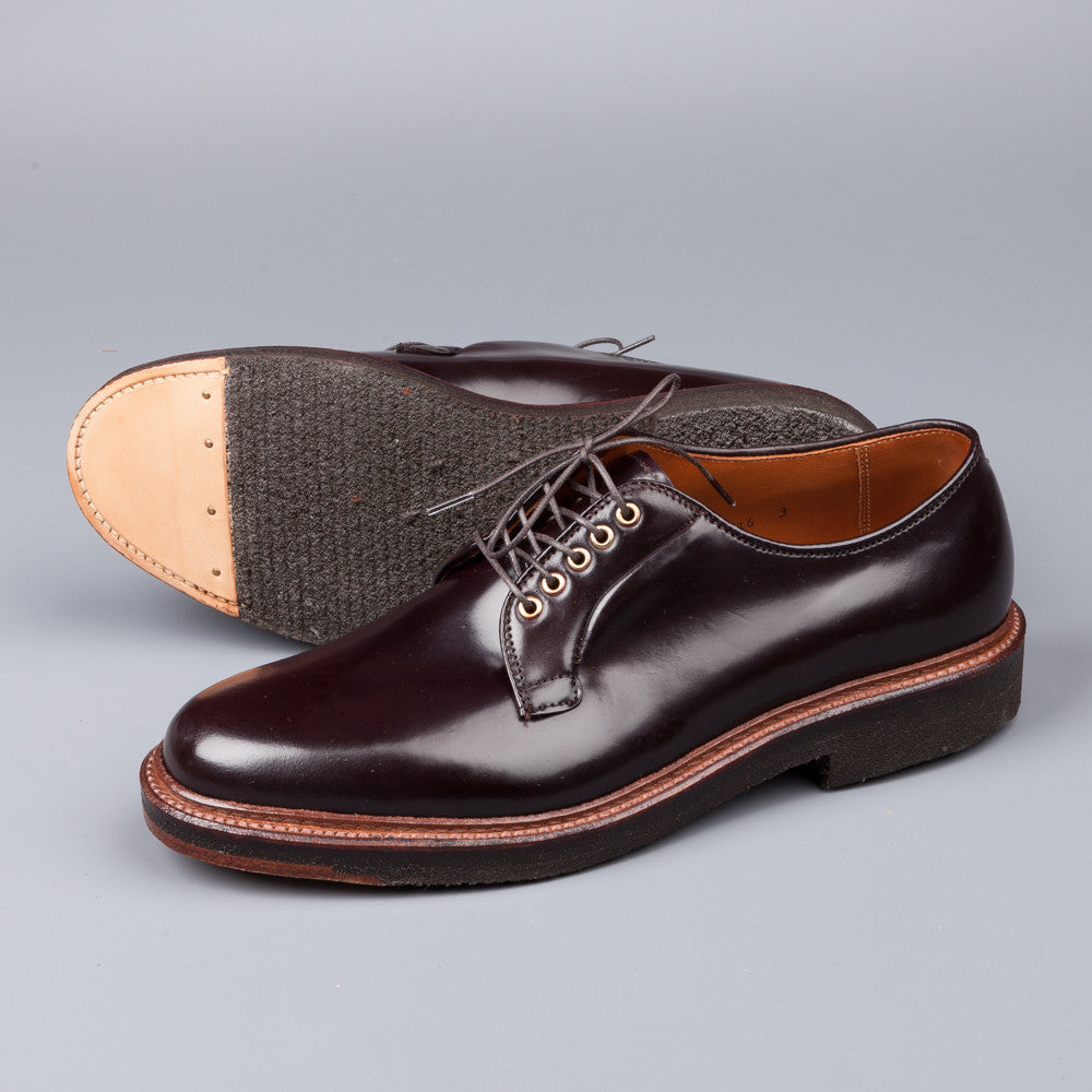 Alden plain toe blucher in #8cordovan on crepe with brass eyes