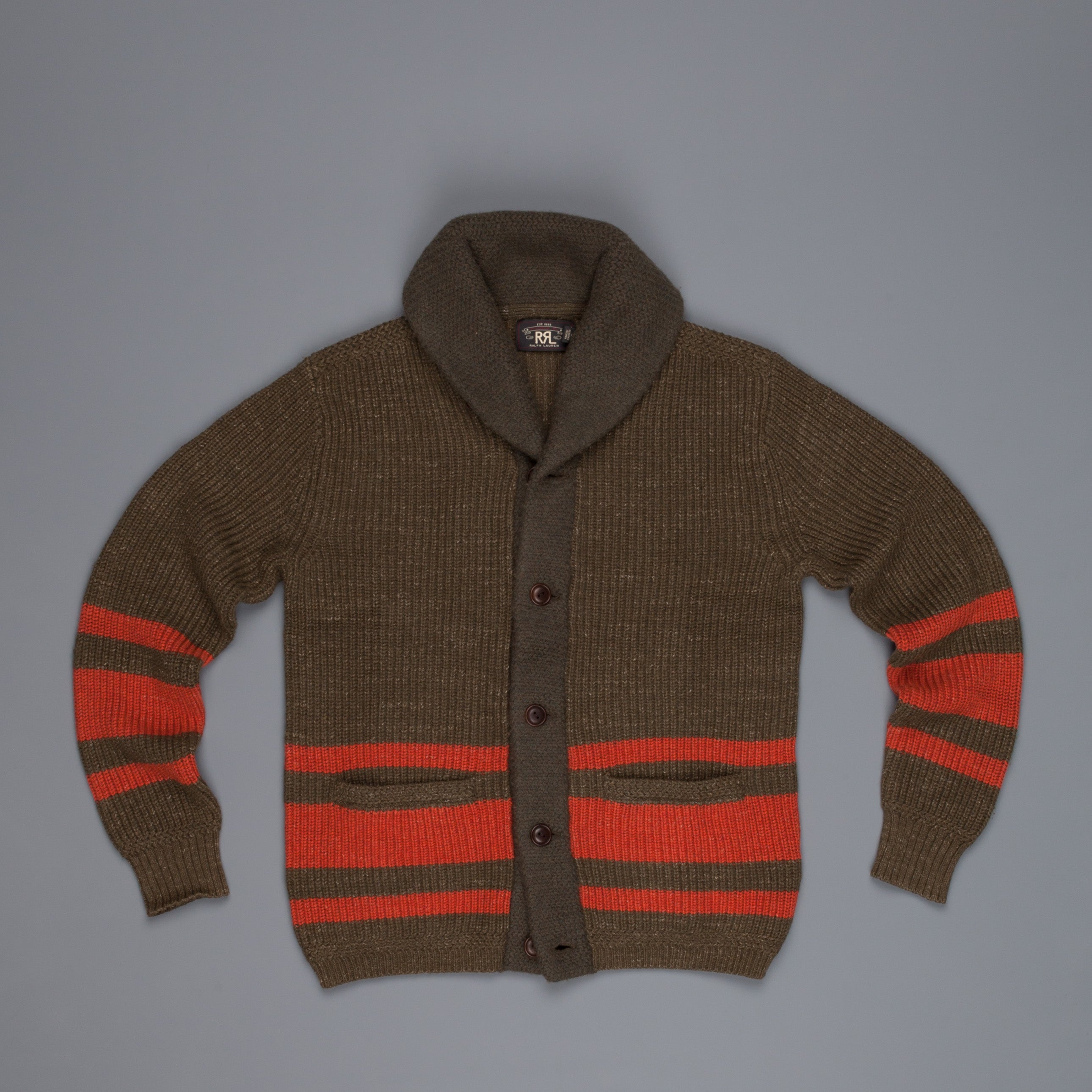 RRL Shawl Collar Olive Orange Rescue Stripe