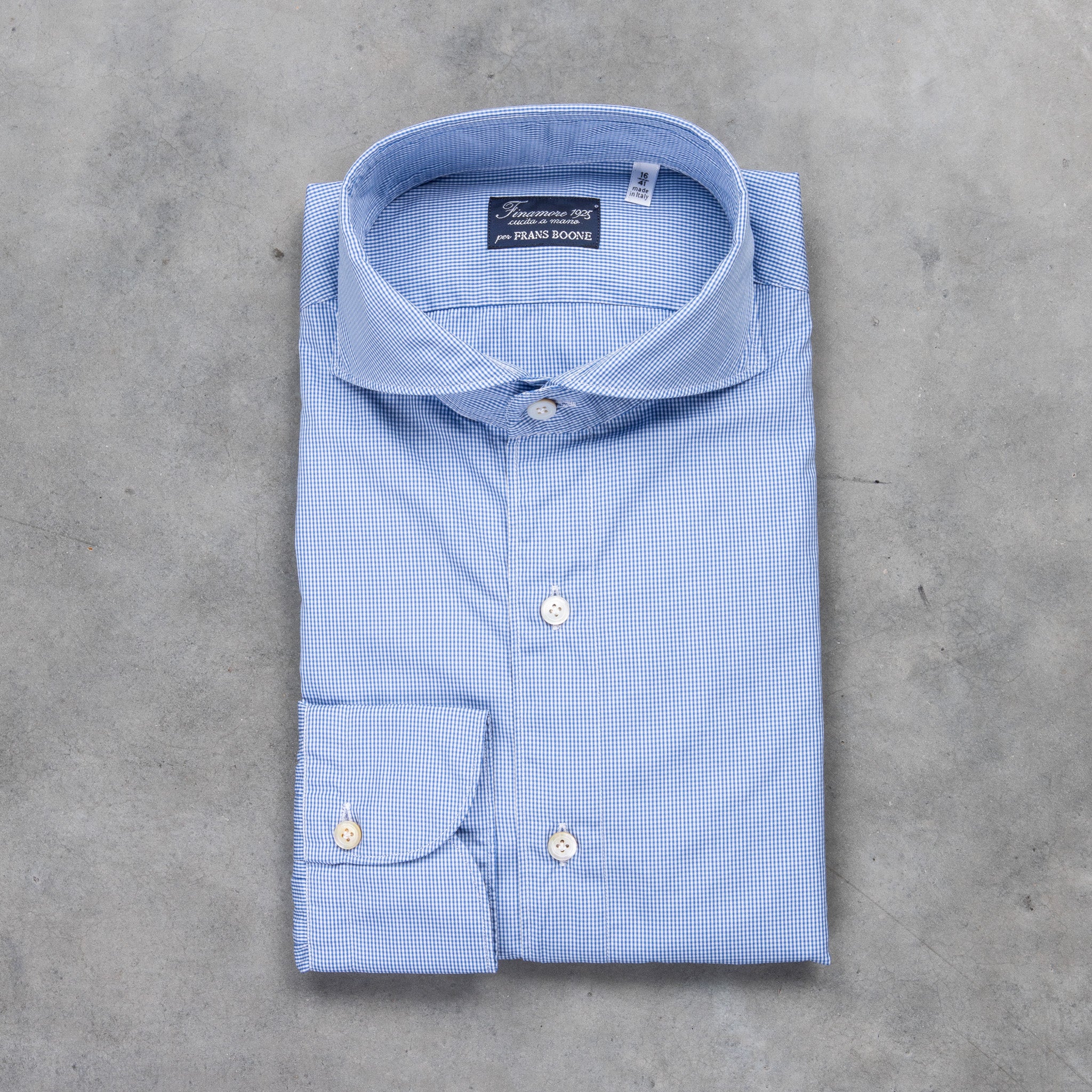 Finamore Gaeta Shirt Sergio Collar Alumo Mid Blue Vichy Poplin