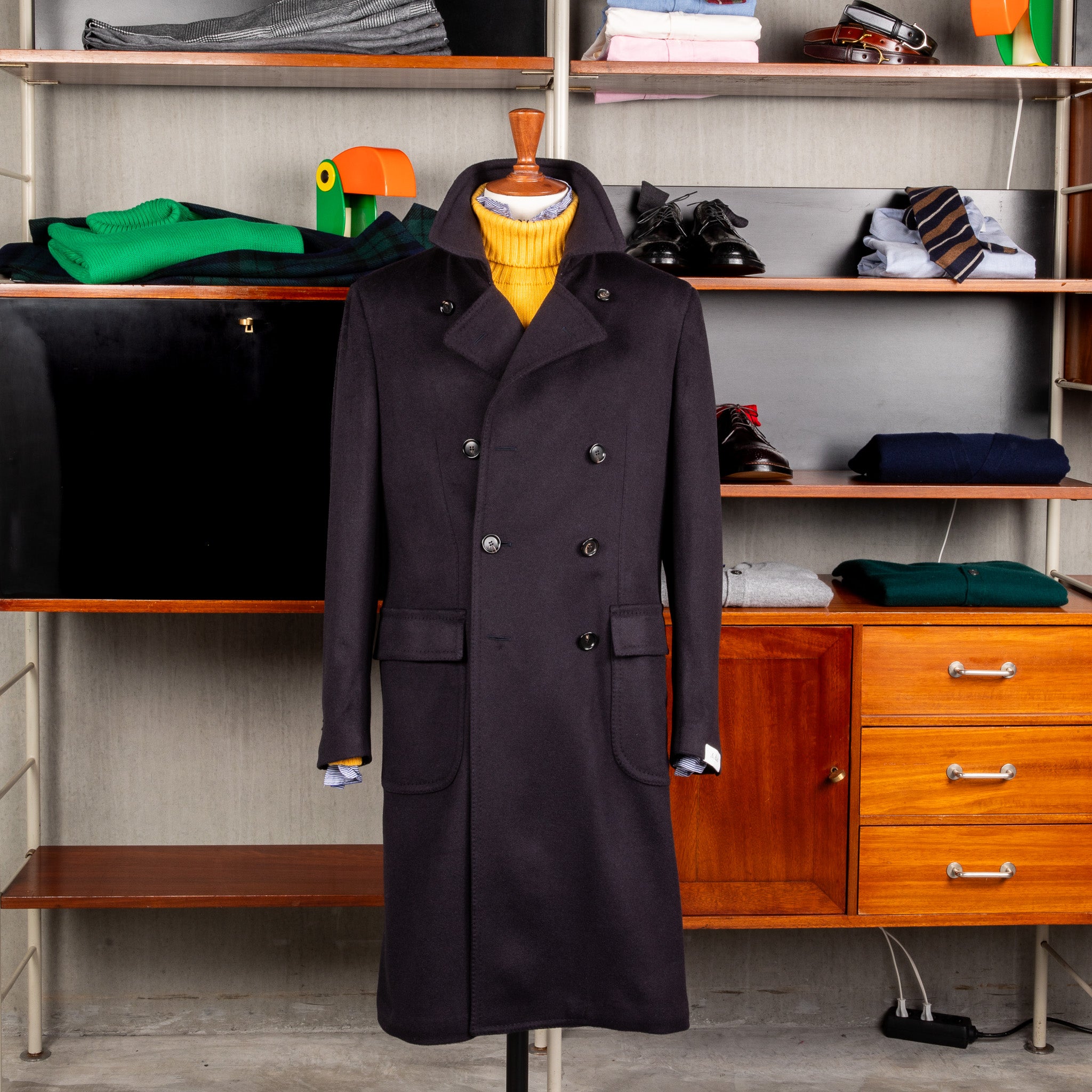 De Petrillo Cashmere Double Breasted Overcoat Navy per Frans Boone